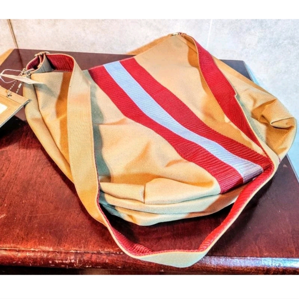 Stylish Tan Tote with Red and Gray Stripes